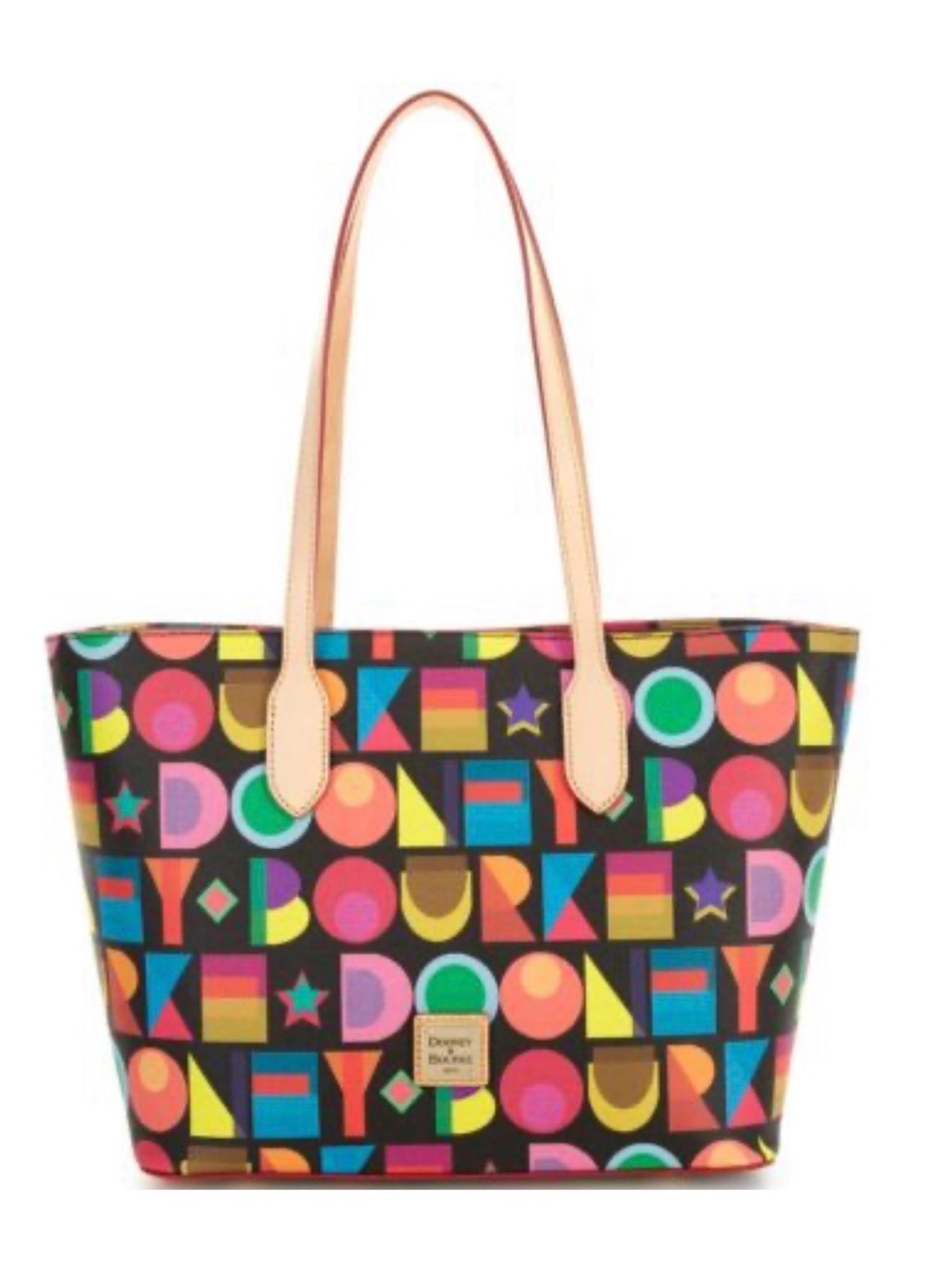 Dooney & Bourke Black Multicolor Geometric Logo Tote with Tan Handles